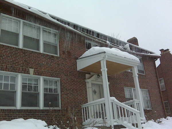 This ice dam was caused from lack of both ceiling insulation and attic ventilation.