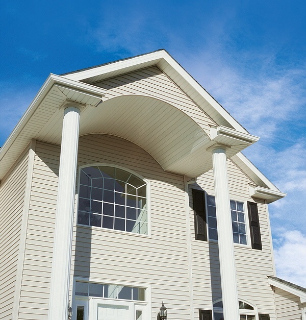 Crane Vinyl Siding - Color: Bone - Size: 4 inch | Vinyl Soffit - Color: White - Size: 4 inch.